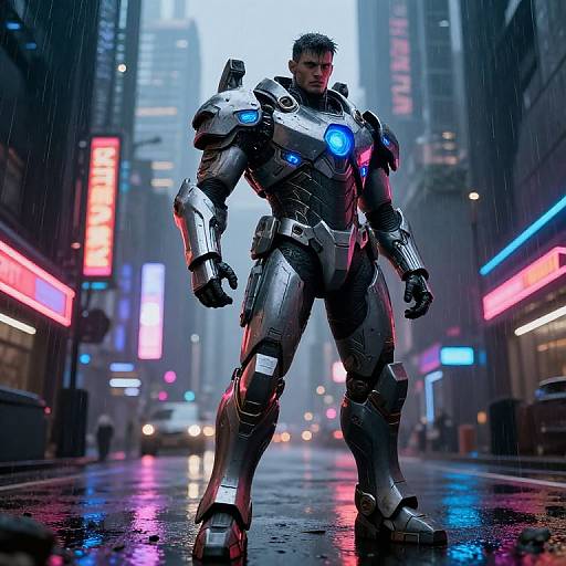 CGI image of a futuristic, blue-accented, silver armored soldier standing in a rain-soaked, neon-lit, cyberpunk city street