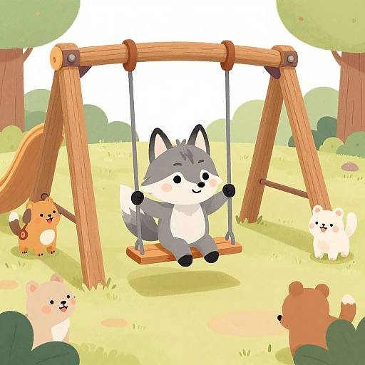 Cute digital cartoon: Gray wolf pup swings on wooden swing set in sunny, grassy park with colorful, smiling animals around.