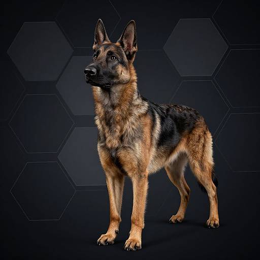 Photograph of a German Shepherd standing on a dark hexagon-patterned background, showcasing its brown, black, and tan fur, alert ears, and