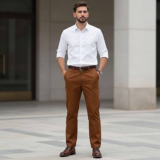Photograph of a bearded man with dark hair, wearing a white shirt, brown pants, and brown shoes, standing confidently with hands in pockets in