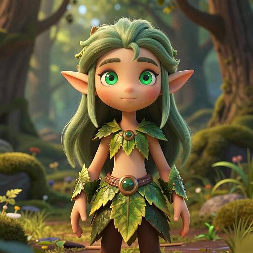 Digital art of a cute, green-eyed, green-haired elf girl with large ears, wearing leafy attire with green gemstones, standing in a lush