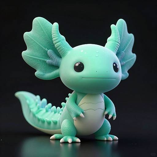 CGI cartoon-style, mint-green dragon with large, frilled ears, small black eyes, white belly, and textured scales, standing on black background