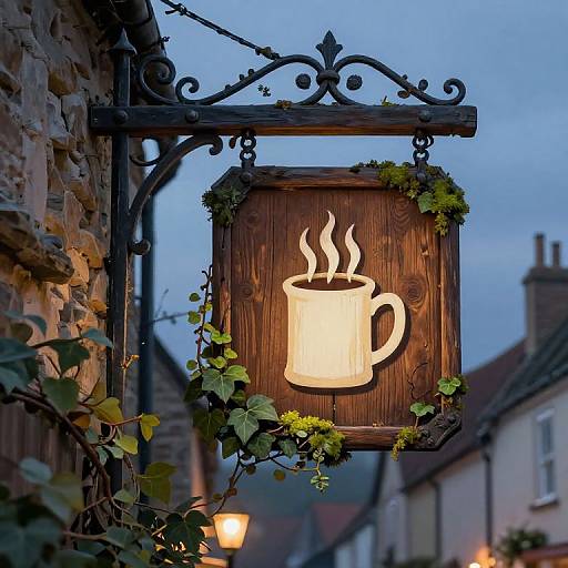 Photograph of a rustic, illuminated wooden sign with a steaming coffee cup, adorned with greenery, mounted on a stone wall at dusk in a