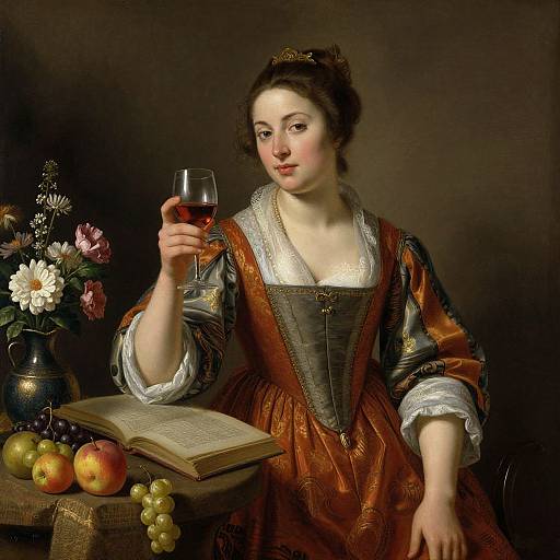 Baroque-style painting of a fair-skinned woman in a brown dress, holding a wine glass, seated by a table with fruits, flowers, and