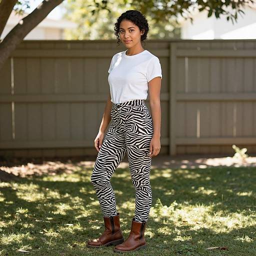 Photograph of a young woman with short curly hair, wearing a white t-shirt, zebra-patterned leggings, and brown boots, standing on grass