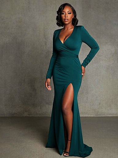 Photograph of a confident Black woman in a deep green, long-sleeve, V-neck gown with a high slit, standing against a gray textured