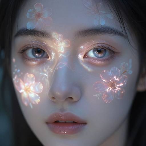 Photograph of an East Asian woman with glowing blue skin, floral light patterns on her face, and large, reflective eyes, creating a magical, eth