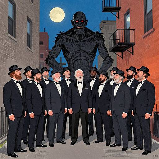 Digital illustration of a group of men in black tuxedos and top hats, standing in a narrow alley under a full moon, with a large
