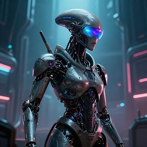 CGI cybernetic female robot with shiny metallic body, blue glowing eyes, and futuristic sci-fi background with neon lights.