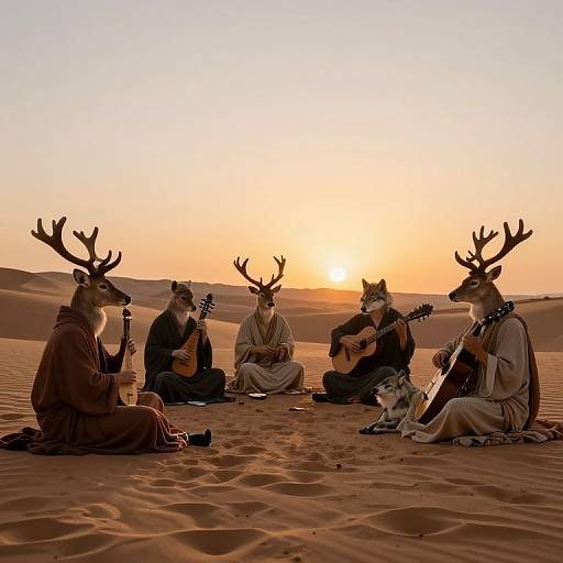 Photograph of five anthropomorphic deer with antlers, sitting in a desert at sunset, playing guitars and drinking wine, with a small dog beside them