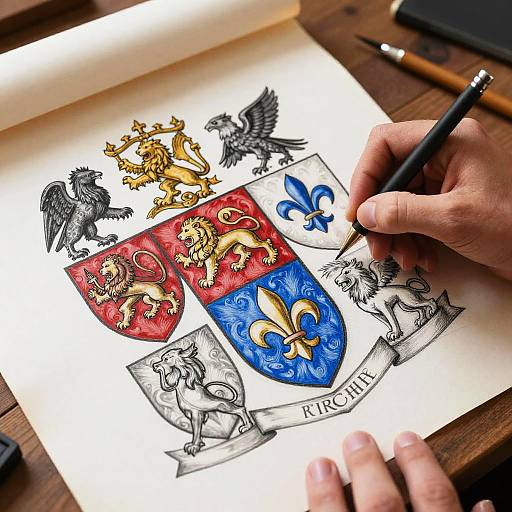 Photograph of hands drawing a colorful, detailed coat of arms with lions, eagles, and fleur-de-lis on white paper, using a