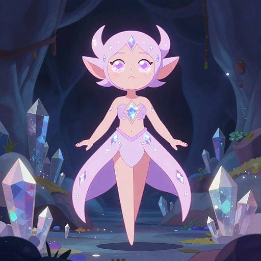Digitally drawn fantasy scene of a glowing, white, horned, cute, chibi-style elf girl with a blue gemstone outfit, floating in
