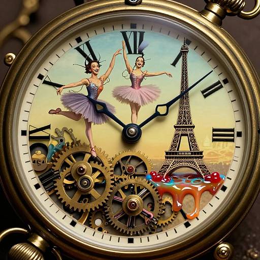 Digital illustration of a vintage pocket watch featuring two ballerinas in tutus, one with a blue skirt and the other pink, beside the Eiff