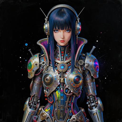 Digital artwork of a cyberpunk woman with black hair, blue eyes, wearing futuristic, colorful, robotic armor and headphones, set against a black starry