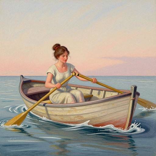 Digital painting of a young woman with brown hair in a bun, rowing a wooden boat on calm, blue ocean water at sunset.