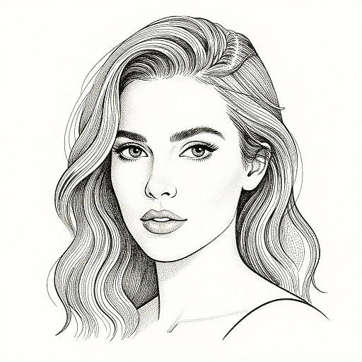 Black-and-white ink drawing of a confident woman with wavy hair, full lips, and subtle makeup, looking directly at the viewer.