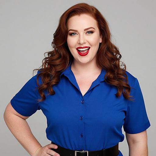 Photograph of a smiling, fair-skinned woman with red curly hair, wearing a blue short-sleeved button-up shirt and black belt, against