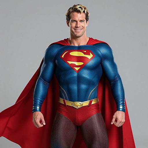 Photograph of a muscular, smiling man in a classic Superman costume with a blue, textured suit, red cape, yellow belt, and iconic 