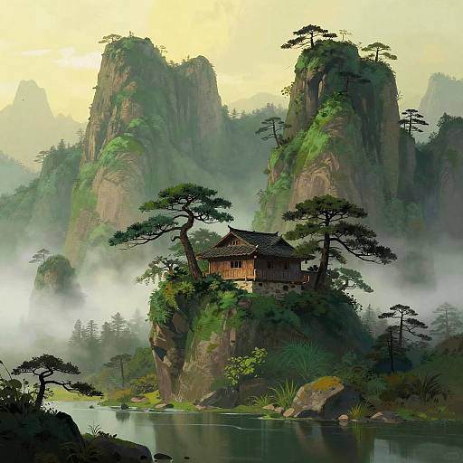 Mystical Mountain Landscape with Traditional House