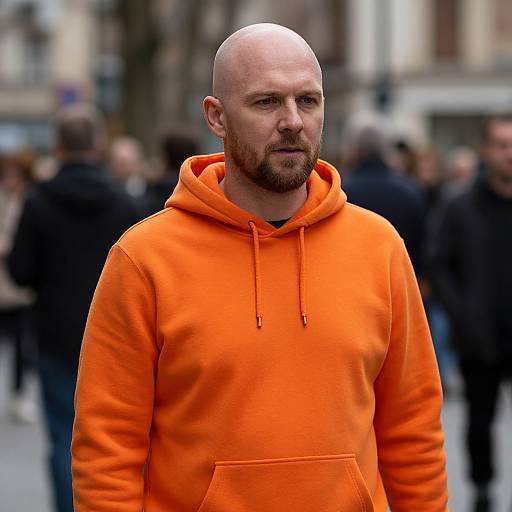 Bald Man in Orange Hoodie on Street