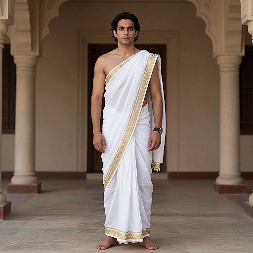 Photograph of a young, dark-haired Indian man standing barefoot in a traditional white dhoti with gold trim, wearing a black wristwatch,