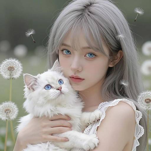 Young Woman Holding White Kitten with Dandelions