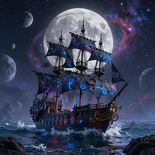 Mystical Bioluminescent Pirate Ship Under Cosmic Moonscape