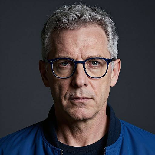 Photograph of a middle-aged man with gray hair, blue-framed glasses, serious expression, wearing a dark blue jacket against a black background.