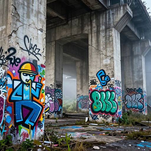 Photograph of a graffiti-covered, abandoned concrete structure with colorful street art, including bold letters and tags, on worn, cracked pillars.