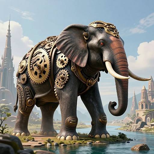 Majestic Mechanical Elephant in Surreal Landscape