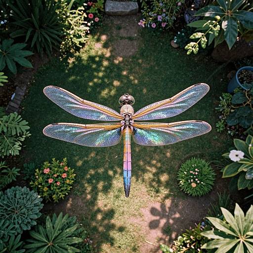 Iridescent Dragonfly Over Garden