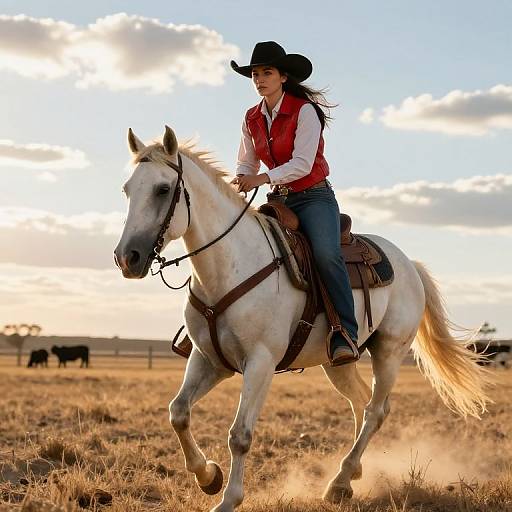 Photograph of a smiling Latina woman in a red vest, white shirt, and black hat, riding a white horse across a golden grass field at sunset