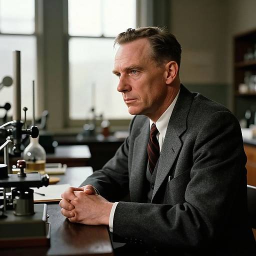 Photograph of a serious, middle-aged Caucasian man in a dark suit and tie, sitting at a desk with scientific equipment, illuminated by soft natural light