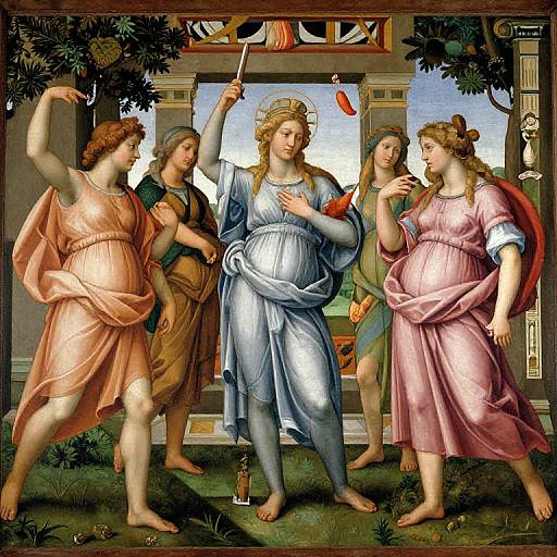 Renaissance painting of five pregnant women, one holding a staff, standing in a garden, wearing flowing robes, with lush greenery and architectural background