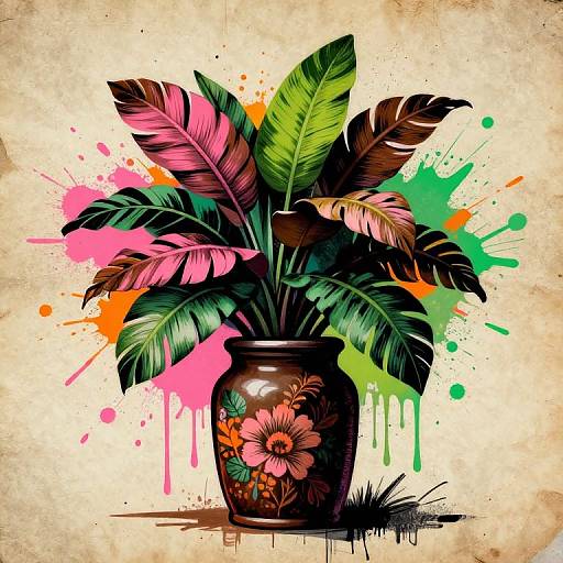 Vibrant digital illustration of a floral vase with colorful tropical leaves, splattered with pink, green, and orange paint, on a textured beige background