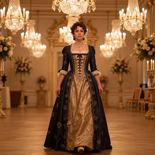 Photograph of a brunette woman in a gold and black, intricately embroidered Renaissance-style gown, walking down a luxurious ballroom with glowing chandeliers