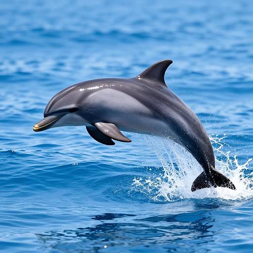 Photograph of a sleek, grey bottlenose dolphin leaping out of vibrant blue ocean water, creating a splash with its curved, aerodynamic body