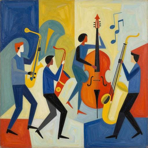 Abstract painting of four musicians playing saxophone, trumpet, cello, and trombone in vibrant blue, yellow, and red geometric shapes.