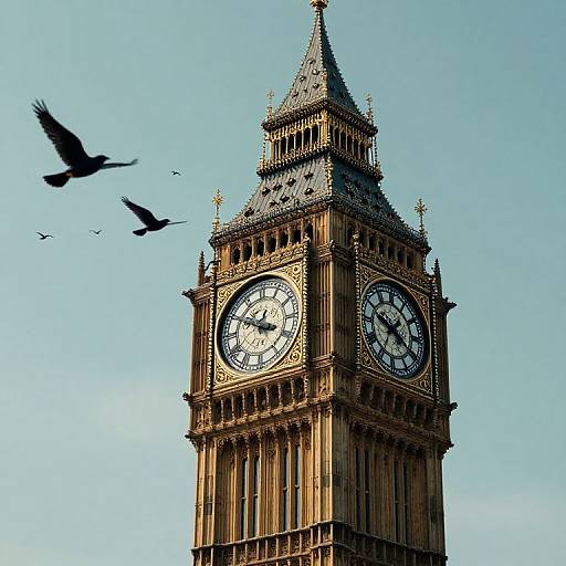 Photograph of Big Ben clock tower with detailed Gothic architecture, golden-brown structure, and three black birds flying against a clear blue sky.