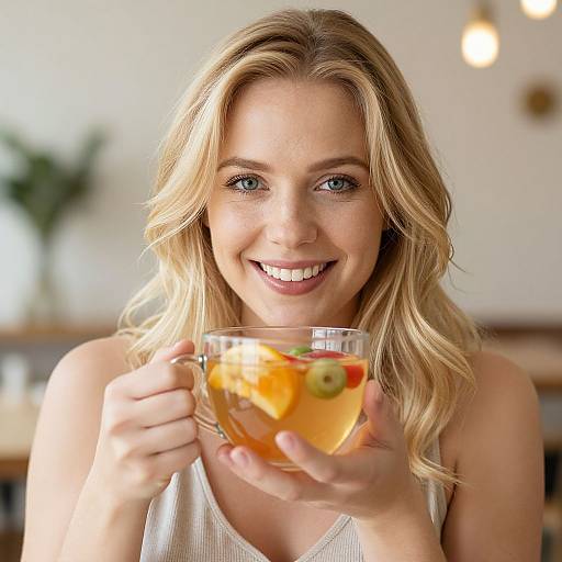 Smiling Blonde Woman with Fruit Tea
