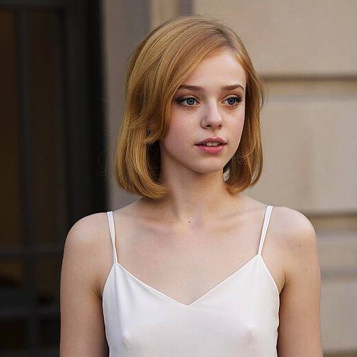 Photograph of a young woman with light brown, shoulder-length hair, wearing a white, spaghetti-strap dress, standing against a beige building background.