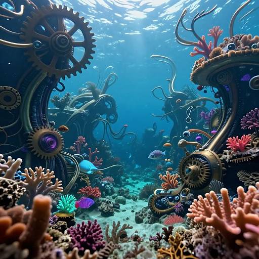 Vibrant underwater scene with gears, corals, and whimsical mechanical creatures amidst sunlight filtering through clear blue ocean water. Fantastical, ste