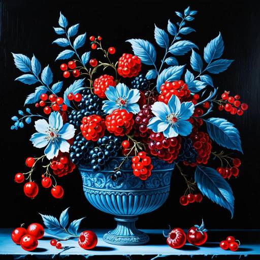 Vivid Berry and Blue Floral Arrangement Oil Painting