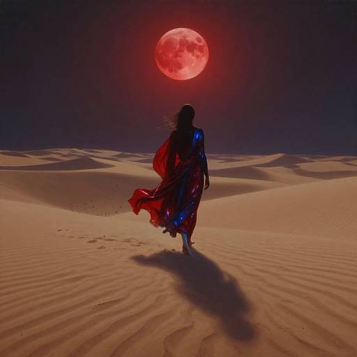 Silhouetted figure in flowing red cloak walks across desert under glowing red moon; rippled sand and shadowed path below. Digital art.