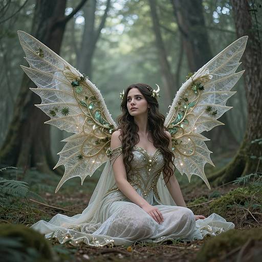 Photograph of a fair-skinned woman with long brown hair, wearing an off-shoulder, glittering white gown and large, intricate, translucent