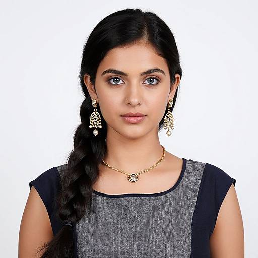 Photograph of a young woman with dark hair in a braid, wearing a gray and black top, gold necklace, and matching earrings, against a