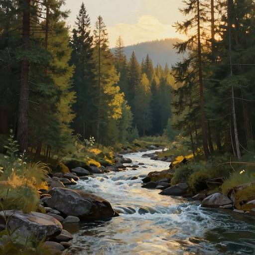 Photograph of a serene forest stream at sunset, with sunlight filtering through tall pine trees, clear water flowing over smooth rocks, and a warm, golden