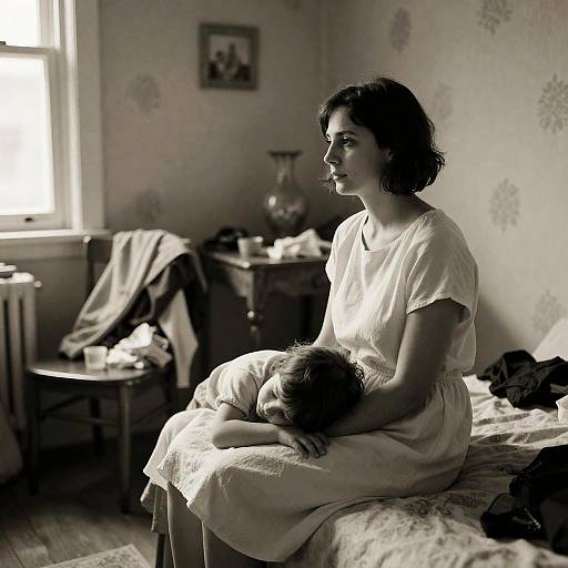 Sepia Portrait of Woman with Child in Vintage Room
