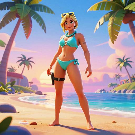 Digital illustration of a blonde, blue-eyed woman in a turquoise bikini, standing on a sunny tropical beach with palm trees, holding a gun in her right