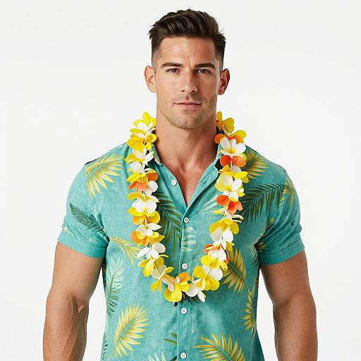 Photograph of a muscular, tan-skinned man with short, dark hair, wearing a turquoise, floral-patterned shirt, and a yellow-orange flower